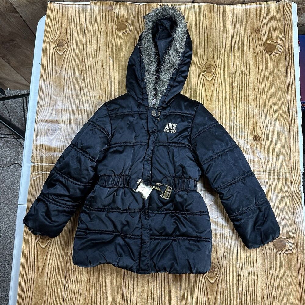 Juicy Couture Girls Puffer Coat Size 4T Black Hooded Faux Fur Belted Winter